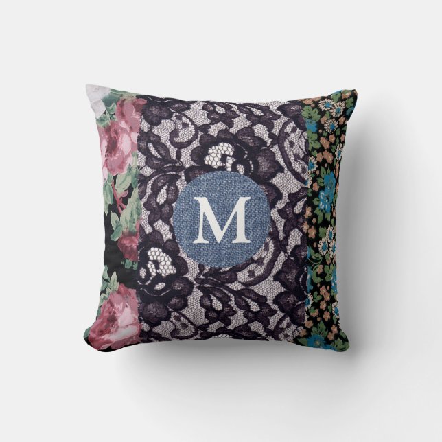 Coussin Dentelle noire tissu floral Denim Monogramme (Recto)