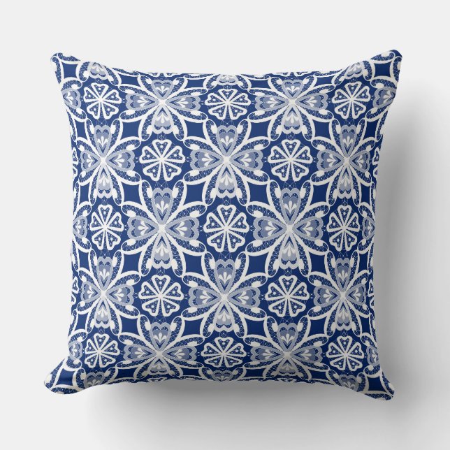 Coussin Dentelle rétro filet de poisson bleu blanc  (Recto)