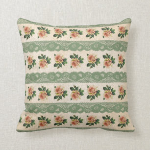 Coussin Dentelle verte et rose Vintage