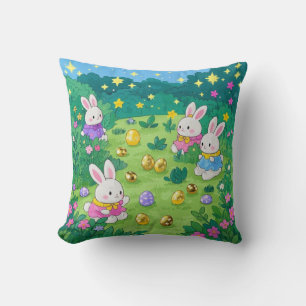 Coussin Des lapins de caricature cachant des oeufs dans un