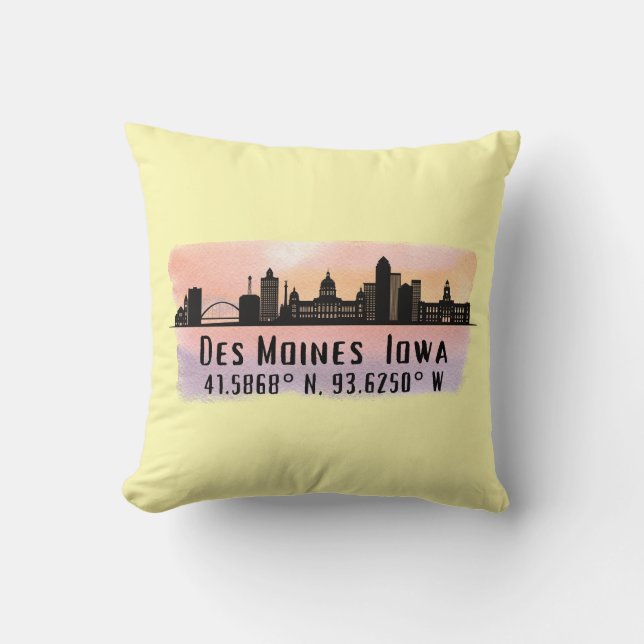 Coussin Des Moines IA City Skyline Latitude et Longitude (Recto)