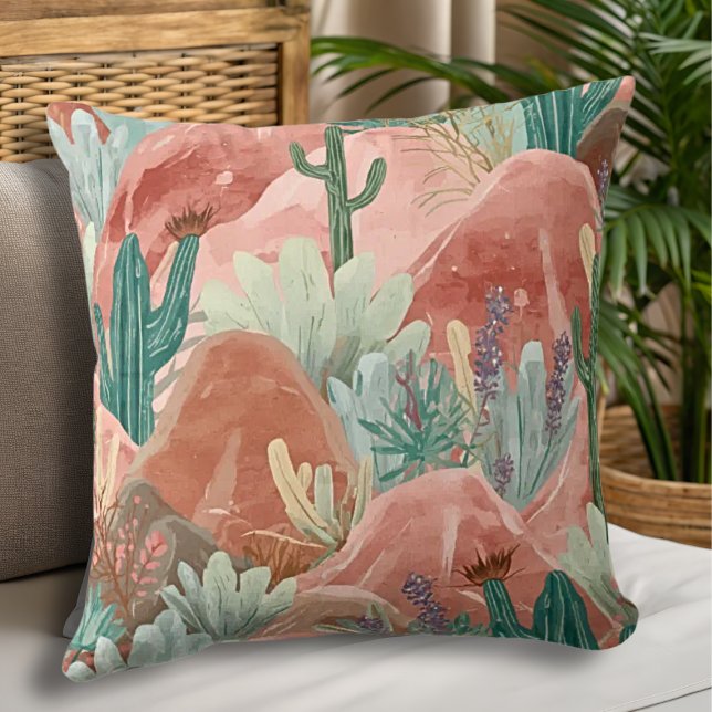 Coussin Desert Bloom Canyon Watercolor Landscape (Blush canyon pillow with watercolor cacti, soft sage greens, and dreamy desert sunset tones.)