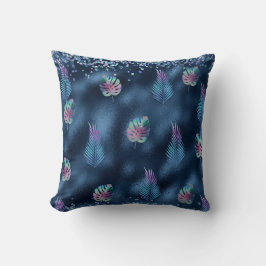 Coussin Design bleu foncé avec Feuilles turquoise et rose