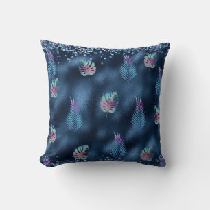 Coussin Design bleu foncé avec Feuilles turquoise et rose
