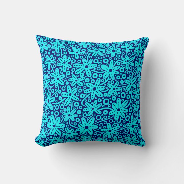 Coussin Design de fleurs - Cyan sur la marine profonde (Recto)