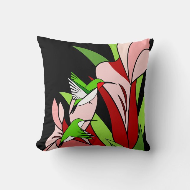 Coussin Design floral avec colibris sur noir (Recto)
