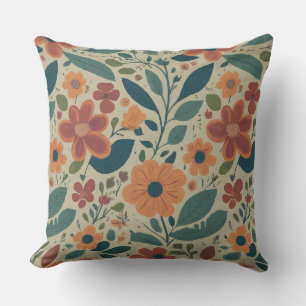 Coussin Design motif turquoise à fleurs orange vif