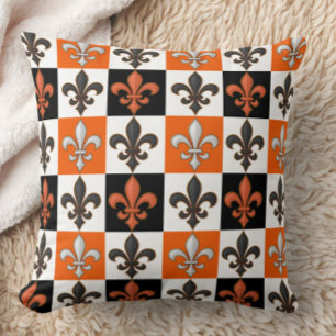 Coussin Design Orange Noir Blanc À damiers Fleur de lis