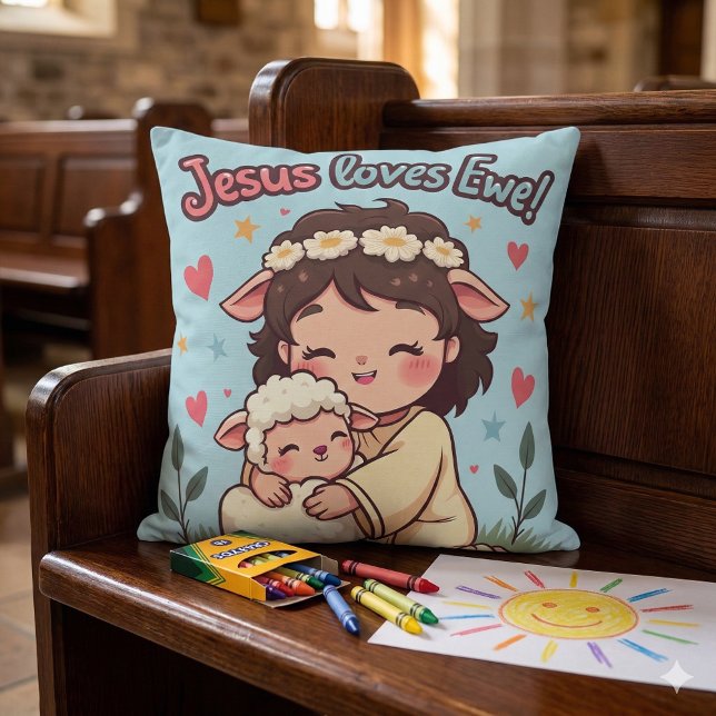 Coussin Design pastel "Jésus aime la brebis" chrétien kawa (Kawaii Christian Jesus Loves Ewe Pastel Design Throw Pillow Mockup A)