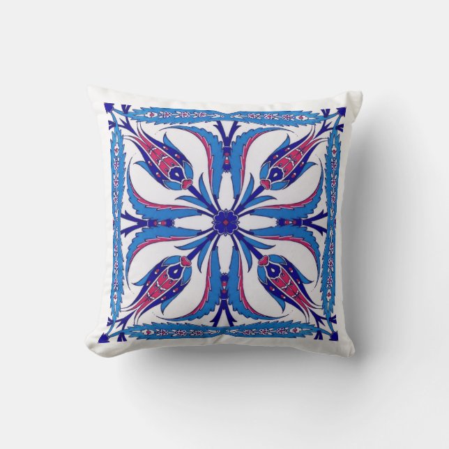 Coussin Design turc ethnique bleu avec quatre tulipes (Recto)