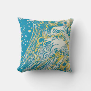 coussin design turquoise blanc jaune vagues