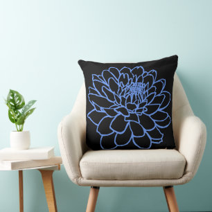 Coussin Dessin Chrysanthème - Bleu bébé sur noir