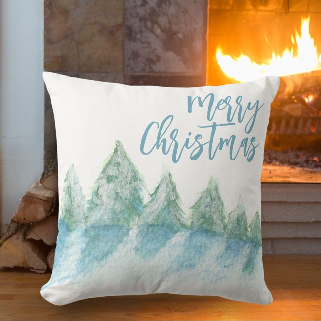 Coussin Dessin d'aquarelle de la forêt d'hiver Joyeux Noël (Créateur téléchargé)