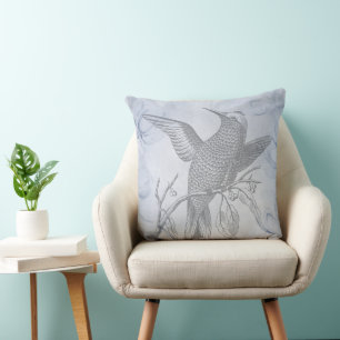 Coussin Dessin de ligne d'oiseau détaillé Art pastel bleu
