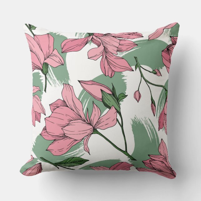 Coussin Dessin d'encre pastel Magnolia sauge vert rose (Recto)