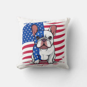 Coussin Dessin d'un bulldog français avec drapeau américai