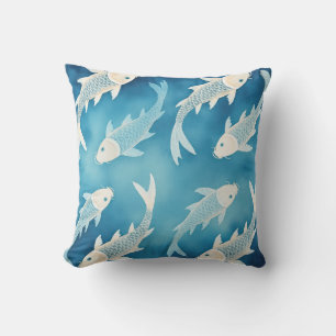 Coussin Dessin élégant de carpes koï indigo tranquille Art
