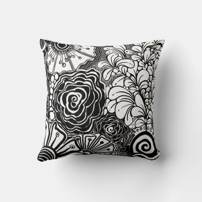 Coussin Dessin Floral Zen Noir Et Blanc (Verso)