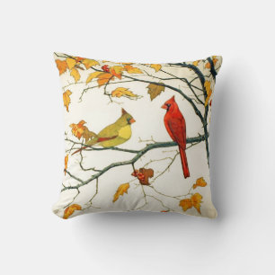 Coussin Dessin japonais vintage, cardinaux sur une branche