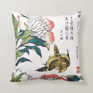 Coussin Dessin japonais vintage, pivoines et moineau