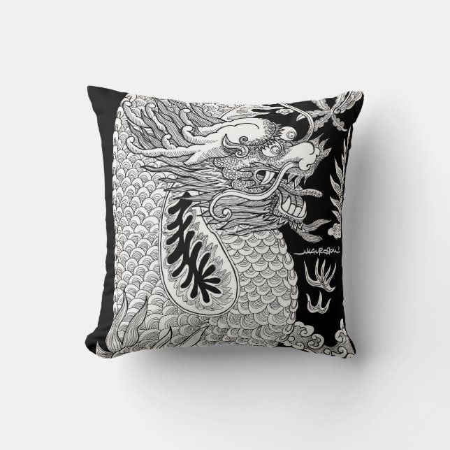 Coussin Dessin traditionnel chinois Dragon noir et blanc (Recto)