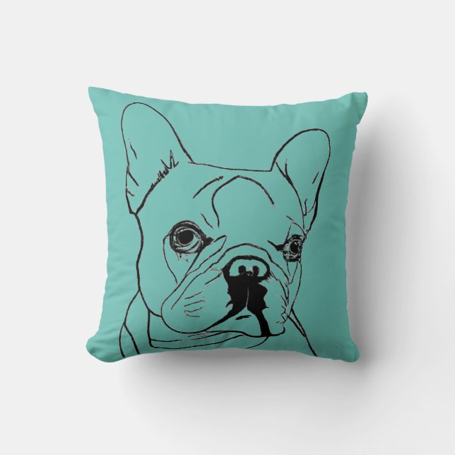 Coussin Dessin Turquoise de Bulldog à la mode en France (Recto)