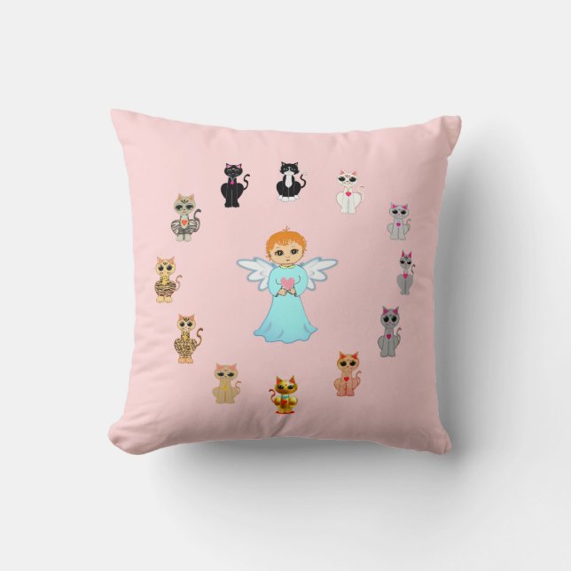 Coussin Dessins d'ange et de chat mignons sur fond rose (Recto)