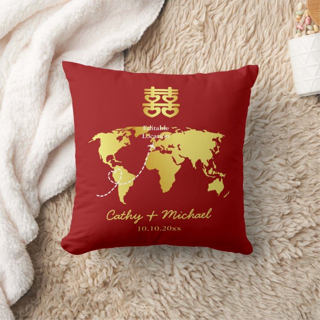Coussin Destination carte rouge et or mariage chinois (Couverture)
