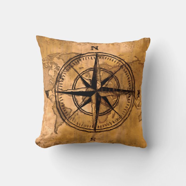 Coussin Destinations - Compass Rose et carte du monde (Recto)
