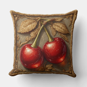 Coussin Deux cerises rouges brillantes avec des feuilles d