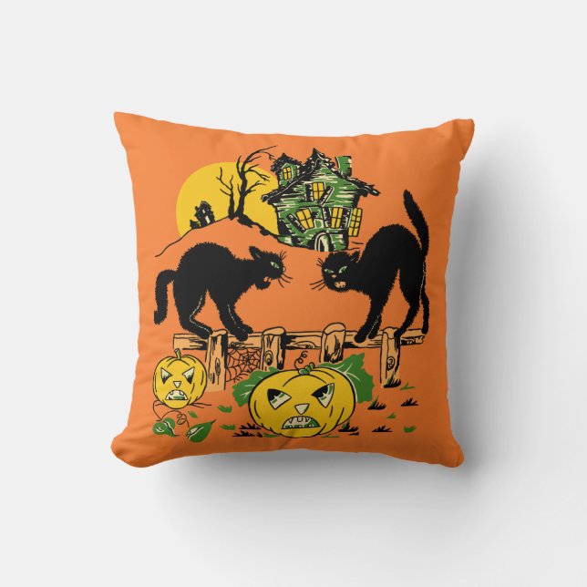 Coussin Deux chats noirs d'Halloween et maison hantée (Recto)