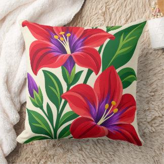 Coussin Deux fleurs de lys rouges avec des feuilles vertes