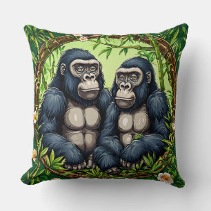 Coussin Deux gorilles dans un cadre en bambou tropical