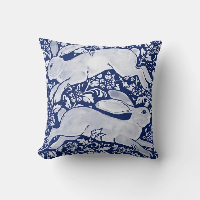 Coussin Deux lapins en saut Hares Motif Floral bleu (Recto)