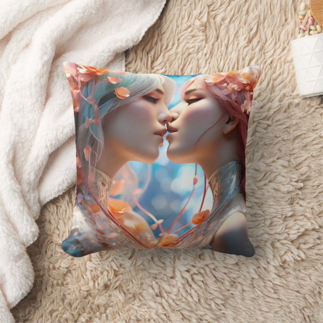 Coussin Deux personnages qui s'embrassent entourés de fleu (Couverture)