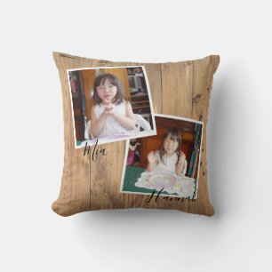 Coussin Deux photos Fête des pères joyeuse sur le bois rus