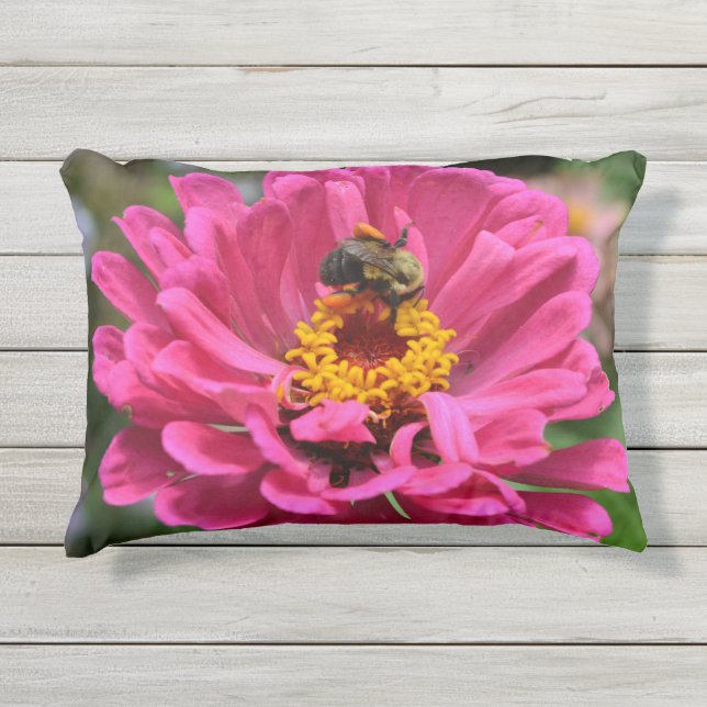 Coussin D'extérieur Abeille rose Zinnia rose florale Bumblebee (Devant)