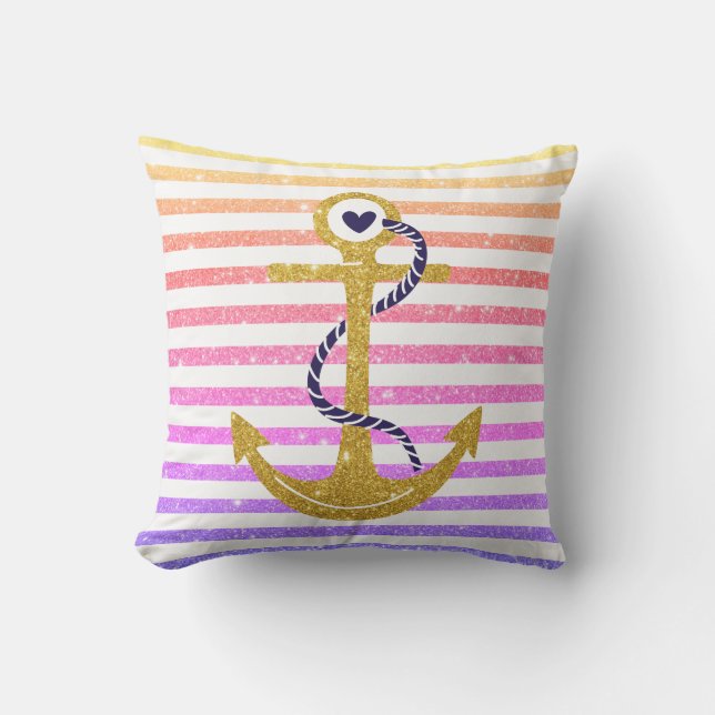 Coussin D'extérieur Ancrage or arc-en-ciel, bandes blanches nautiques (Recto)