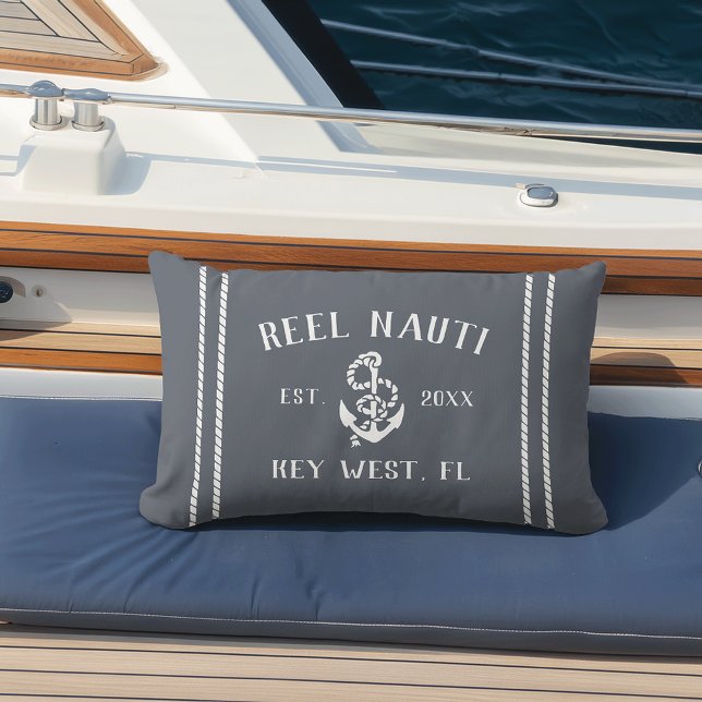 Coussin D'extérieur Ancre de nom de bateau personnalisé bleu et blanc  (Créateur téléchargé)