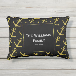 Coussin D'extérieur Ancre marine personnalisée Noir et Faux Or