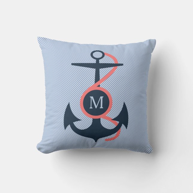Coussin D'extérieur Ancre nautique Blue & Coral (Recto)