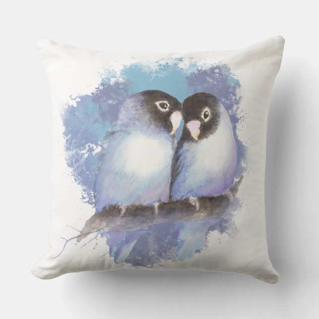 Coussin D'extérieur Aquarelle Cuddin Bleu Lovebirds Oiseau Art (Recto)