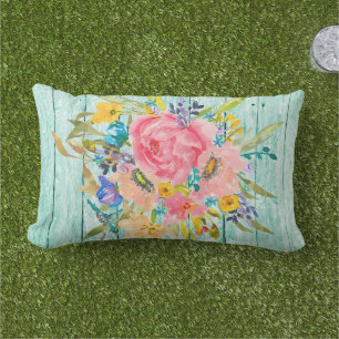 Coussin D'extérieur Aquarelle Rose Floral Spray sur Chippy Aqua