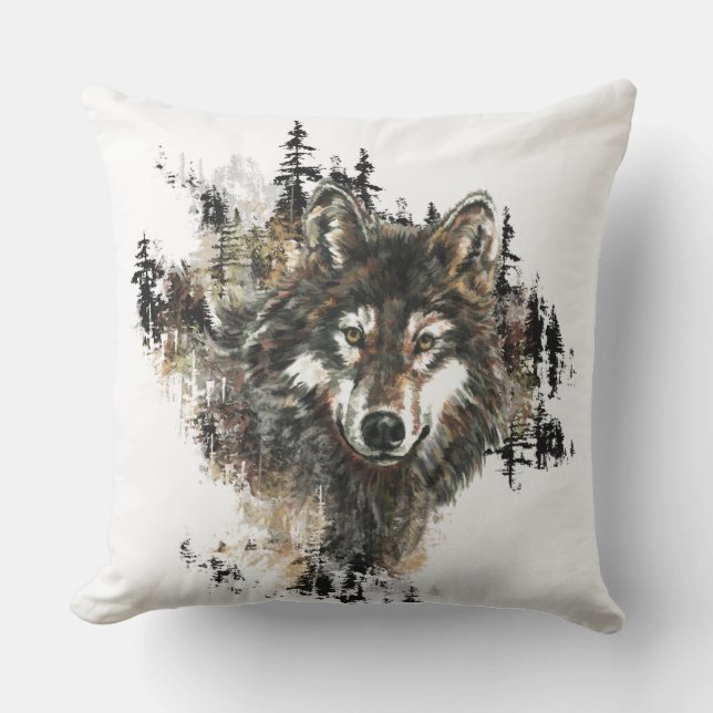 Coussin D'extérieur Aquarelle Wolf Mountain Wilderness Animal Art (Recto)