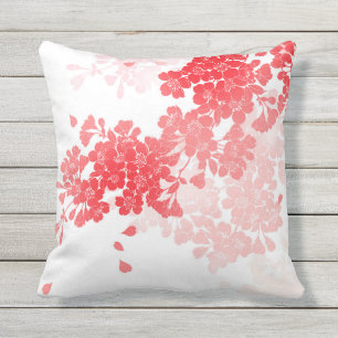 Coussin D'extérieur Art japonais rouge et fleurs roses florales