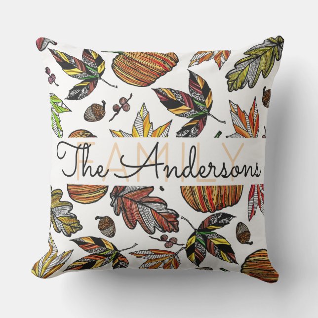 Coussin D'extérieur Automne Feuilles Citrouille Acorns Famille Monogra (Recto)