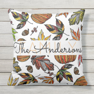 Coussin D'extérieur Automne Feuilles Citrouille Acorns Famille Monogra