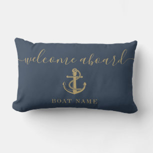 Coussin D'extérieur Bienvenue à bord Bateau Nom Ancre Bleu marine Or
