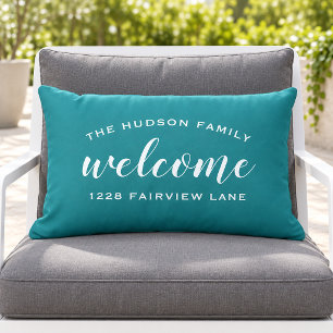 Coussin D'extérieur Bienvenue monogramme de porte en écriture sarcelle