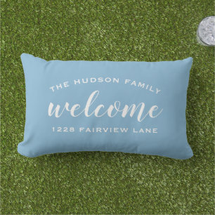 Coussin D'extérieur Bienvenue Monogramme Porche Écriture Bleu Ciel